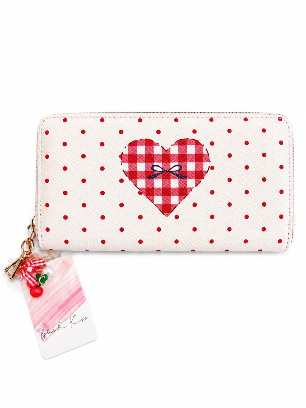 Blush Kiss Cream Wallet with Red Polka Dots & Gingham Red Heart with Blue Bow